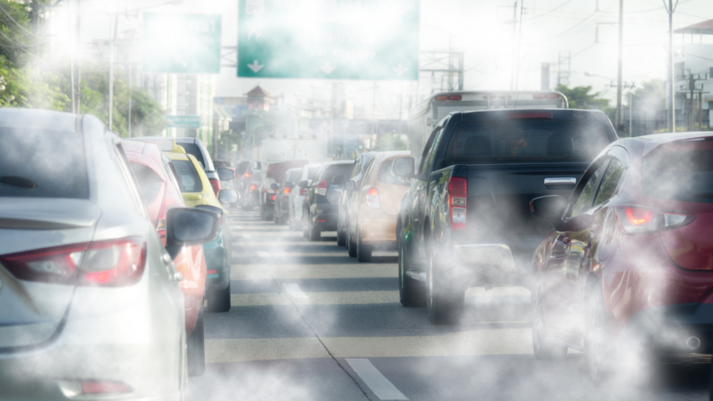 Cars on highway with smog