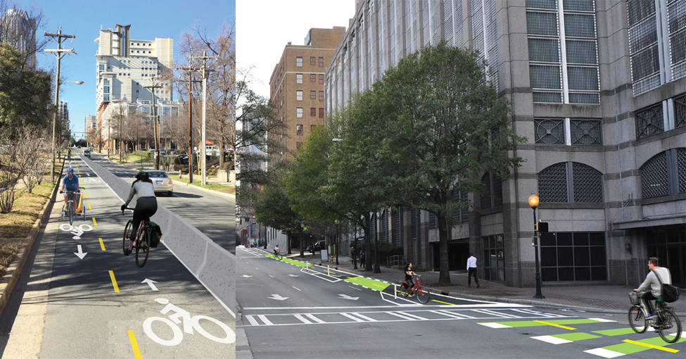 Charlotte Department of Transportation’s renderings showing what the Uptown protected bike lane could like.