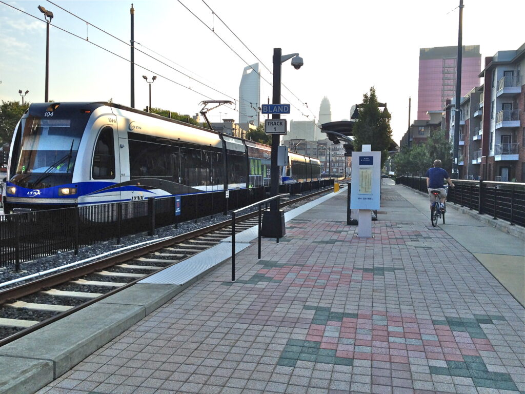 Lightrail in front of skyline