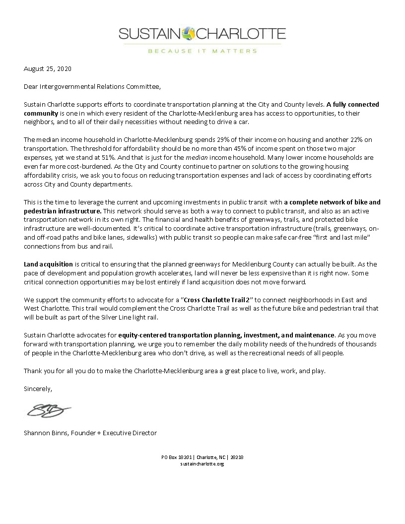 Our letter of support for coordinated city + county transportation planning