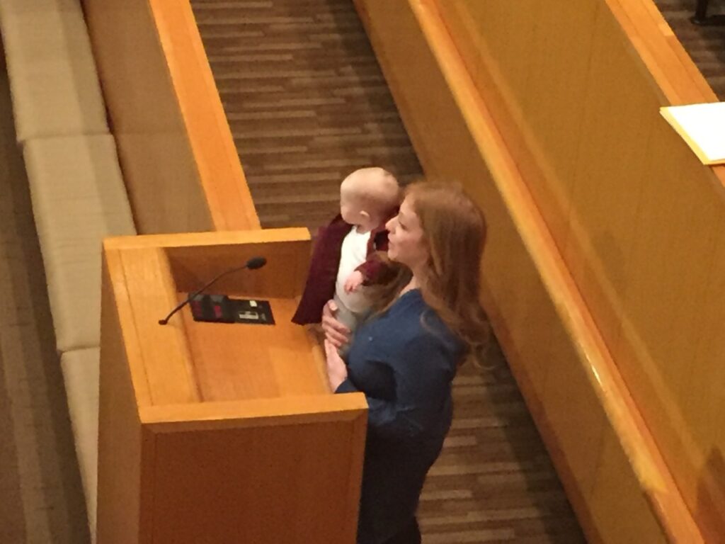 Belmont resident Lorna Allen and baby Cashmere asked City Council for a safer Parkwood Ave.