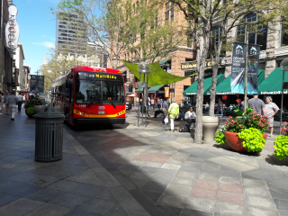 Free "Mall Ride" buses run along Denver's 16th Street Mall every few minutes.