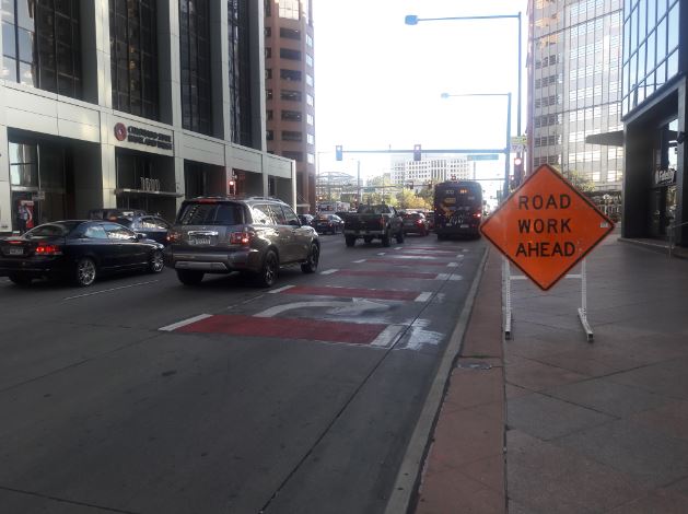 This newly painted lane in Denver gives buses priority.