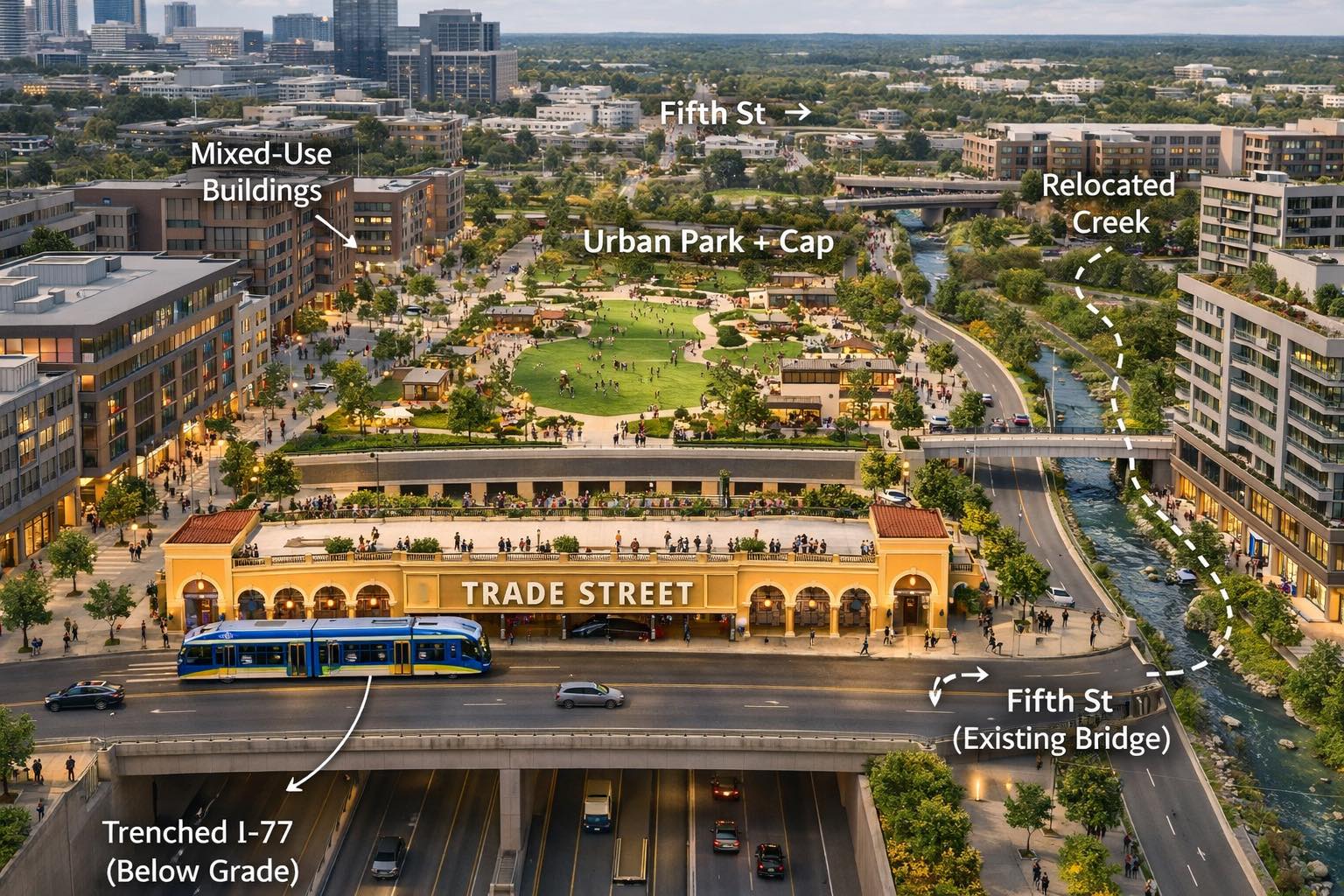  AI-generated vision of a capped I-77 corridor between Trade and 5th Street shared by West Charlotte community leader J’Tanya Adams.